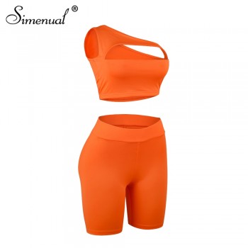 Simenual Neon Color Women Two Piece Set One Shoulder Casual Tracksuits Cut Out Crop Top And Biker Shorts Sets Sporty Active Wear